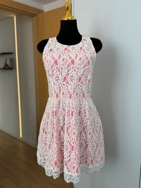 Topshop Mini White Lace Fit & Flare Dress with Blush Underlay | Romantic Muse